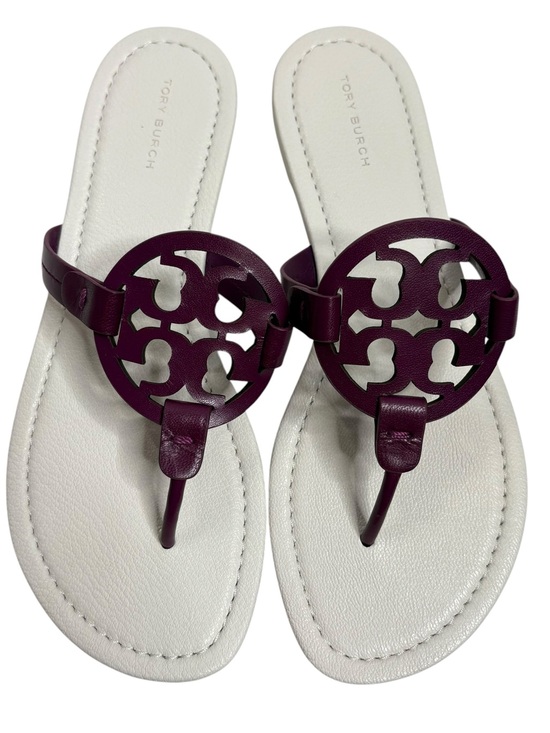 Tory Burch Miller Goat Leather Purple Logo Thong Sandals NWOT $229 BOX